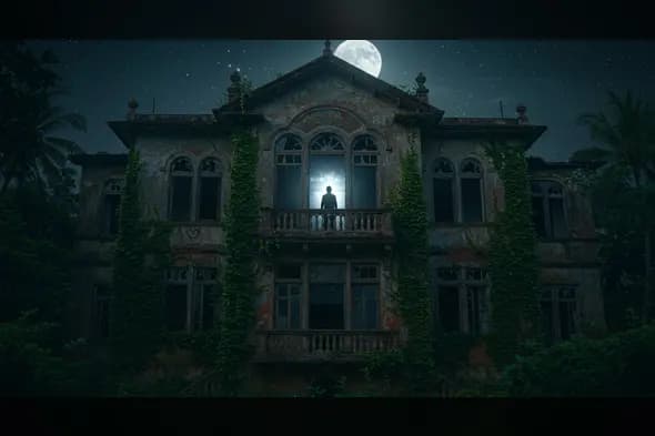 Haunted Mansion with Silhouetted Man and Full Moon at Night