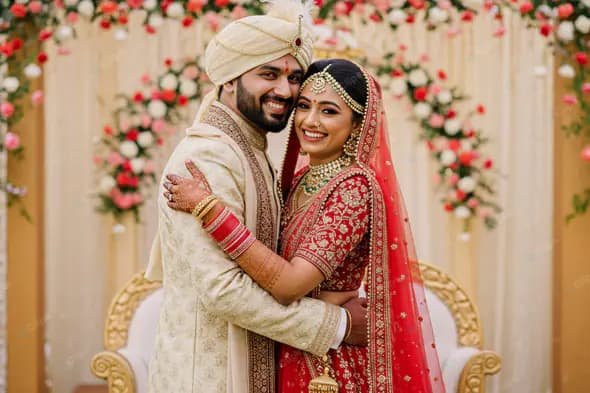 Newlyweds' Joyous Embrace at Floral Mandap