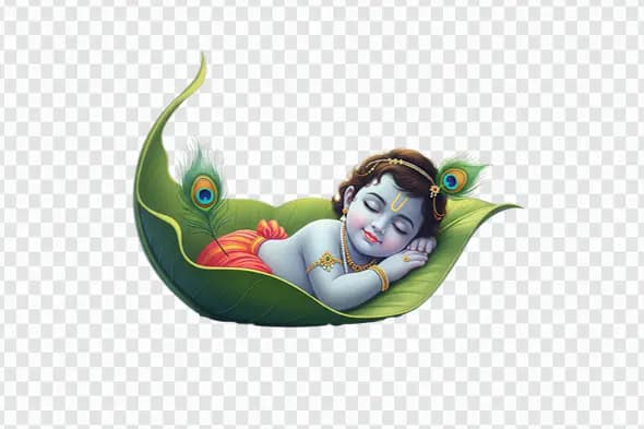 Sleeping baby Krishna on leaf cradle PNG