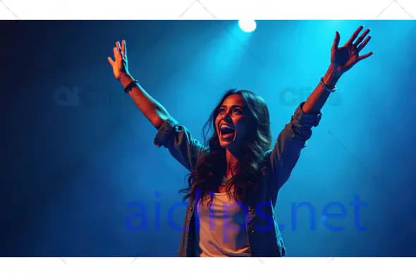 Excited Woman Celebrating with Raised Arms