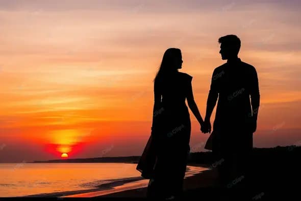 Romantic Silhouette of a Couple on a Sunset Beach