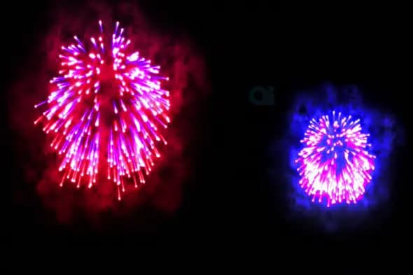 Dual Fireworks Burst in Red, Purple, and Blue Against Night Sky