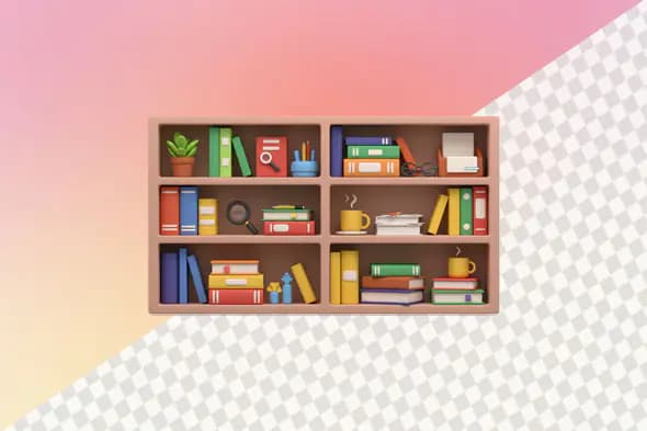 Colorful bookshelf with office supplies and decorative items