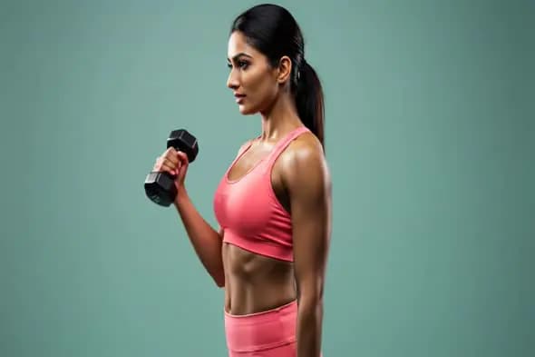 Confident Indian Woman Lifting Dumbbell in Sportswear on Teal Background
