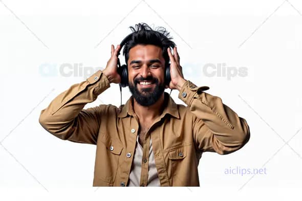 Smiling Man Enjoying Music with Headphones