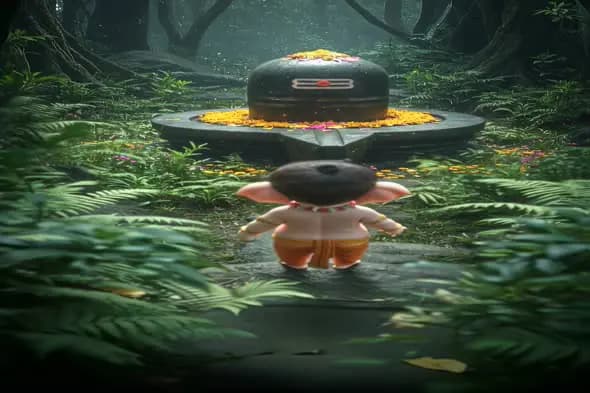 Mystical Forest Shrine with Cartoon Character Approach