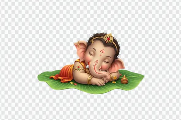 Sleeping Baby Ganesha on Banana Leaf PNG