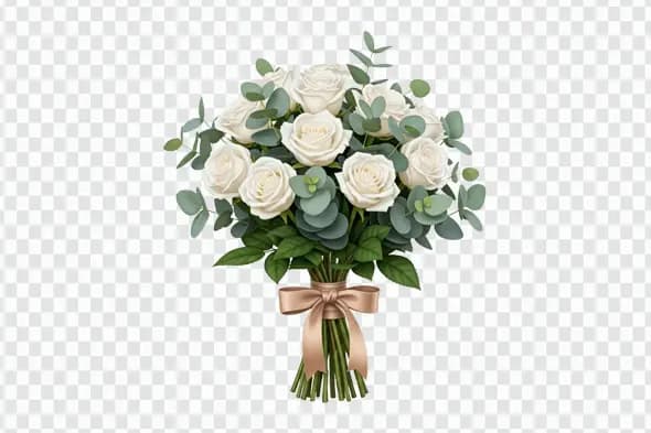 Elegant White Rose Eucalyptus Bouquet with Ribbon Clipart PNG