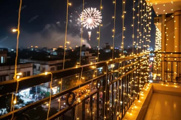 Festive Balcony Overlooking City Lights