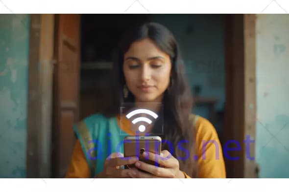 Woman in Traditional Attire with Wi-Fi Icon on Smartphone