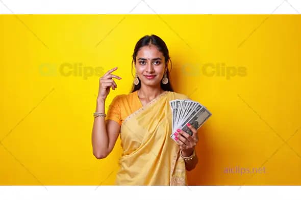 Woman Holding Money in Traditional Saree