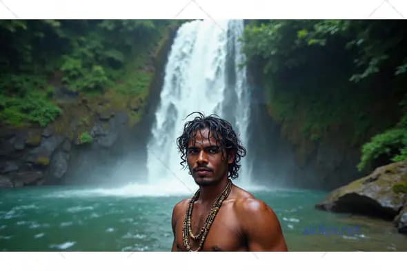 Man Standing by Majestic Waterfall