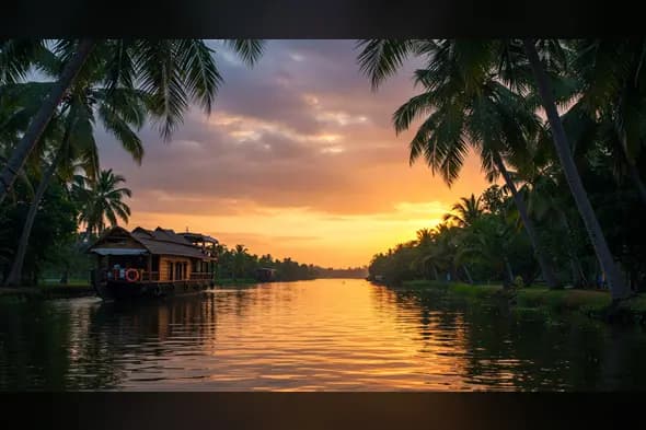 Kerala Houseboat at Sunset Framed by Palm Trees and Backwaters