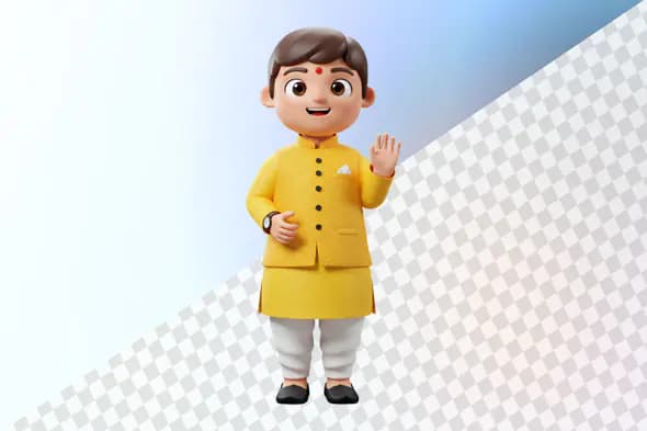 Friendly Indian boy 3D avatar yellow kurta waving