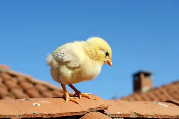 Cute Yellow Chick Balancing on Clay Roof Tile Under Clear Blue Sky