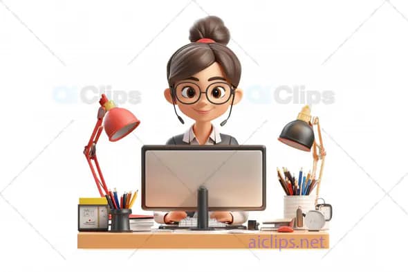 3D Female Office Worker at Desk