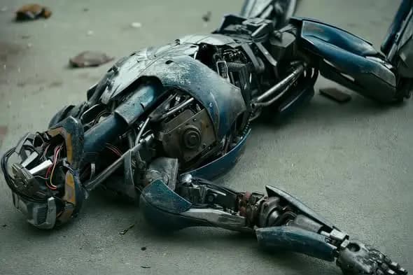 Futuristic Damaged Robot Lying on Concrete Ground