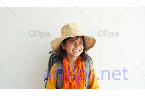Happy Little Traveler Girl with Hat and Backpack