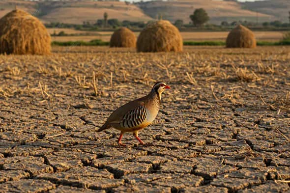 Red-Legged Partridge in Drought-Stricken Field