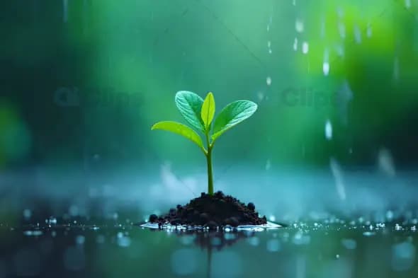 Young Plant Sprout in Rain with Soft Green Background