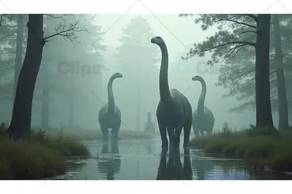 Herd of Dinosaurs Walking Through a Misty Prehistoric Swamp