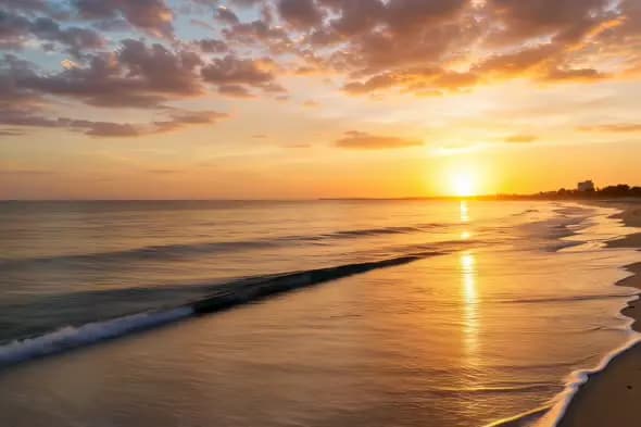 Golden Sunset Beach Waves Tranquil Coastal Scenery