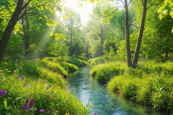 Serene Forest Stream Flowing Through Lush Green Landscape