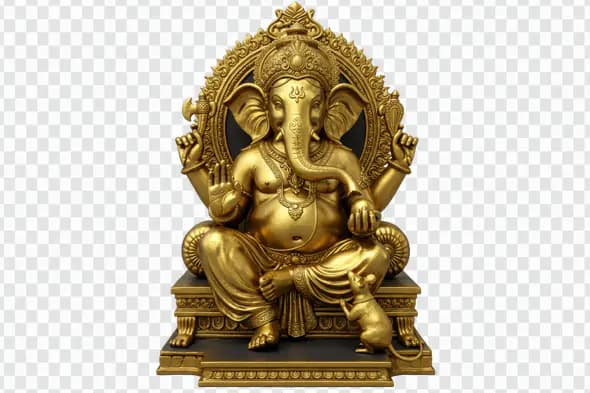 Golden Lord Ganesha Statue on Throne PNG