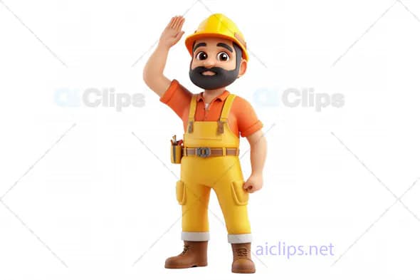 3D Construction Worker with Tools Waving