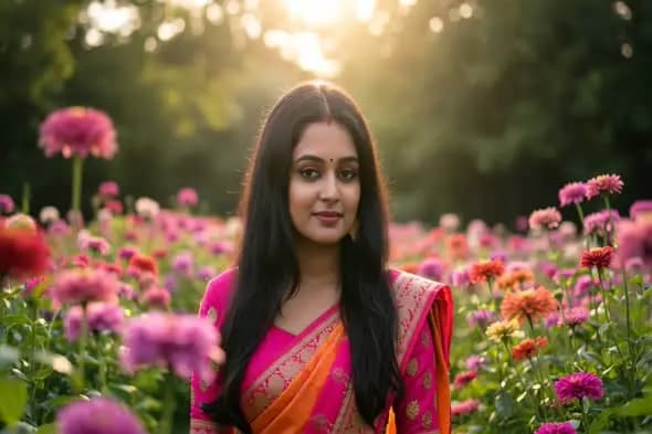 Woman in Saree Among Flowers – Radiant, Natural Portrait