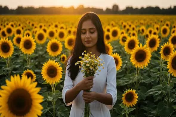Indian Woman in Sunflower Field