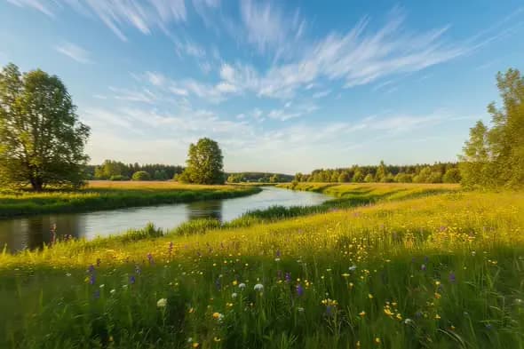 Tranquil River Landscape Wildflower Meadow Golden Hour Scenery