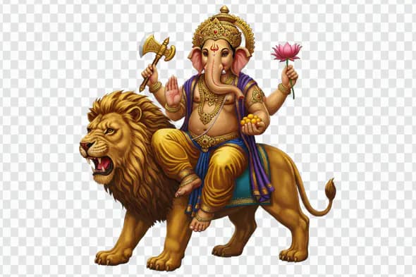 Ganesha Riding Powerful Lion Deity PNG Clipart