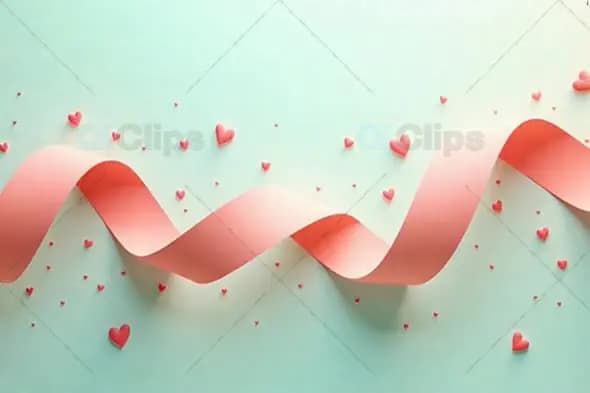 Romantic Pink Ribbon with Scattered Hearts on Pastel Background