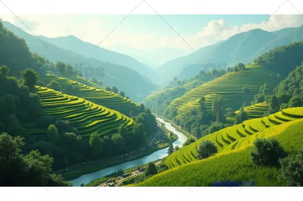 Serene Terraced Rice Fields in Mountain Valley