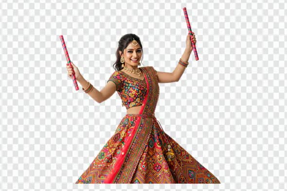 Smiling Indian Woman Holding Dandiya Sticks PNG Clipart
