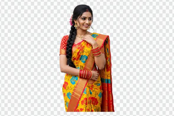Woman in Vibrant Traditional Indian Saree PNG
