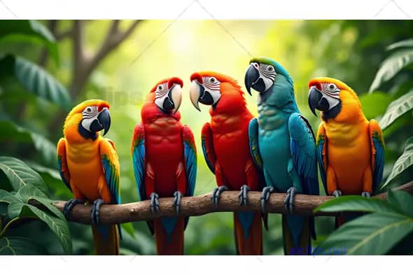 Colorful Flock of Macaws in a Lush Tropical Jungle