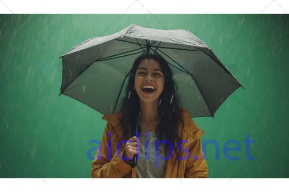 Woman Laughing Under Umbrella in Rainfall