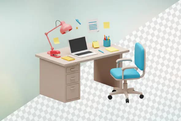 Modern office desk setup with laptop and accessories