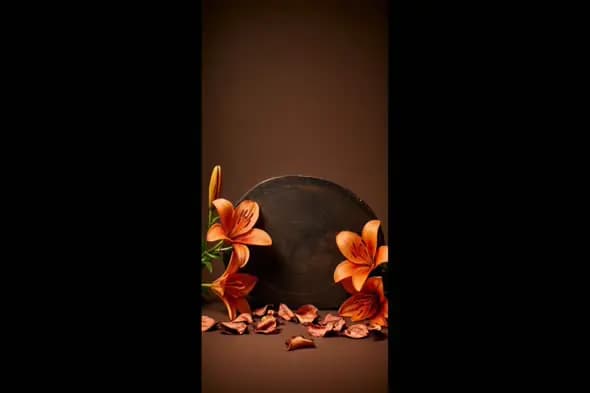 Elegant Brown Vertical Background with Orange Lilies and Wooden Slab
