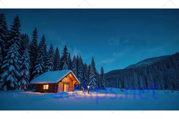 Cozy Cabin in Snowy Forest at Night