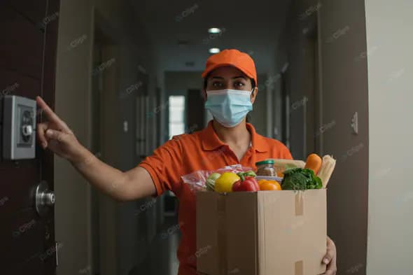 Masked Delivery Worker Ringing Doorbell