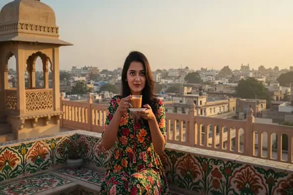 Indian Woman Drinking Tea on Rooftop