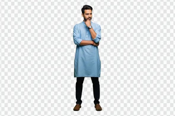 Pensive Indian Man in Light Blue Kurta Thinking PNG