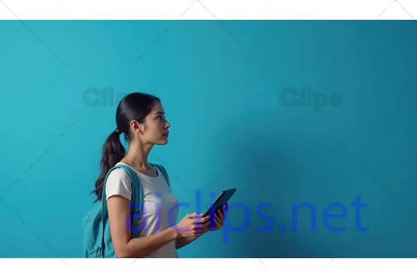 Young Woman with Tablet Against Teal Background