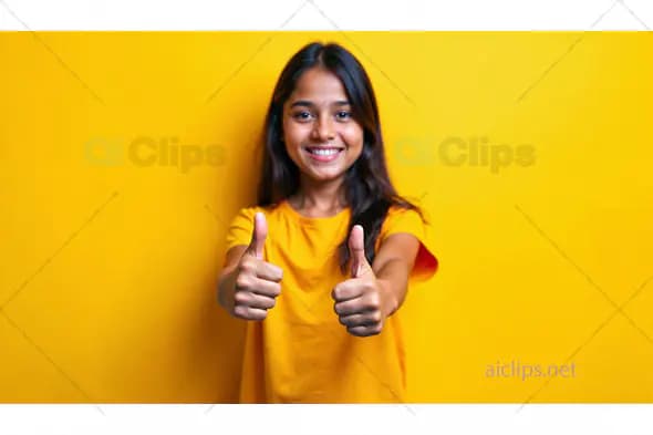 Happy Woman Giving Thumbs Up on Yellow Background