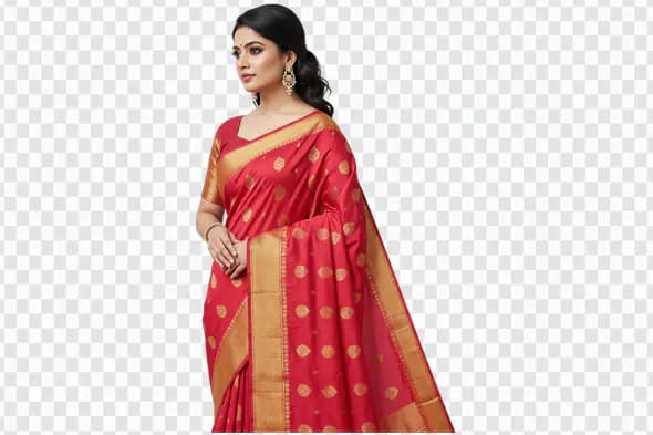 Elegant Red Silk Saree with Gold Motifs PNG