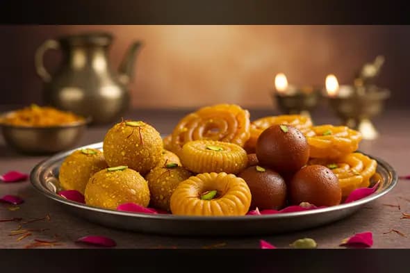 Indian Sweet Platter with Gulab Jamun, Ladoo & Jalebi | AIClips