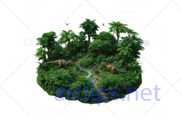 Dense Prehistoric Jungle Scene with Dinosaurs
